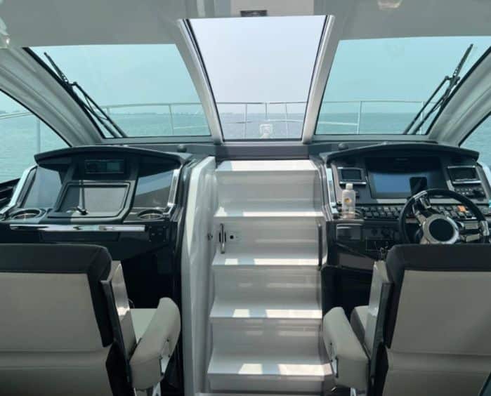 Luxury charter boat interior and pilot seat